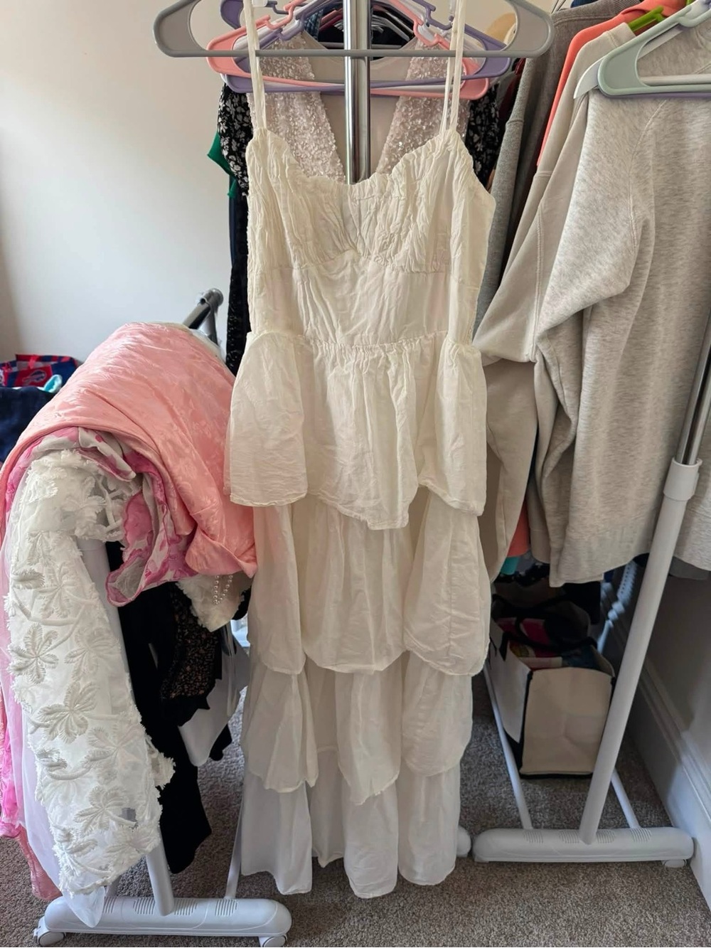Francesca's Collections White Tiered Lace-Back Maxi Dress